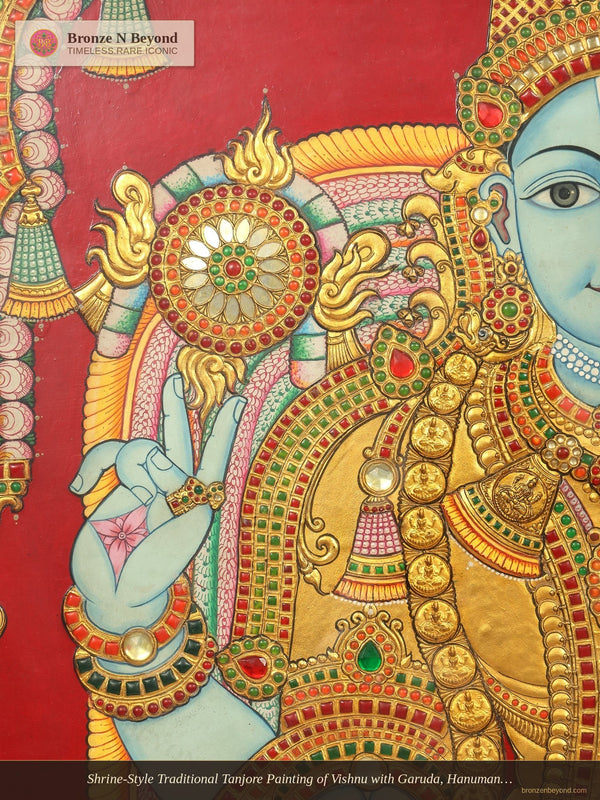 Shrine-Style Traditional Tanjore Painting of Vishnu with Garuda, Hanuman, and Vaikuntha Guardians
