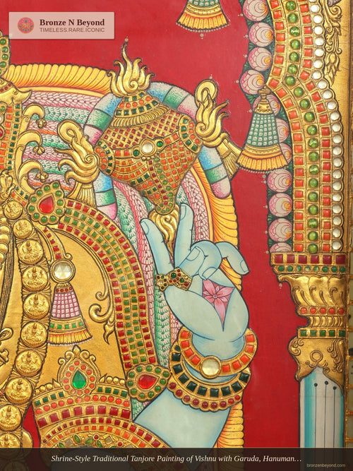 Shrine-Style Traditional Tanjore Painting of Vishnu with Garuda, Hanuman, and Vaikuntha Guardians