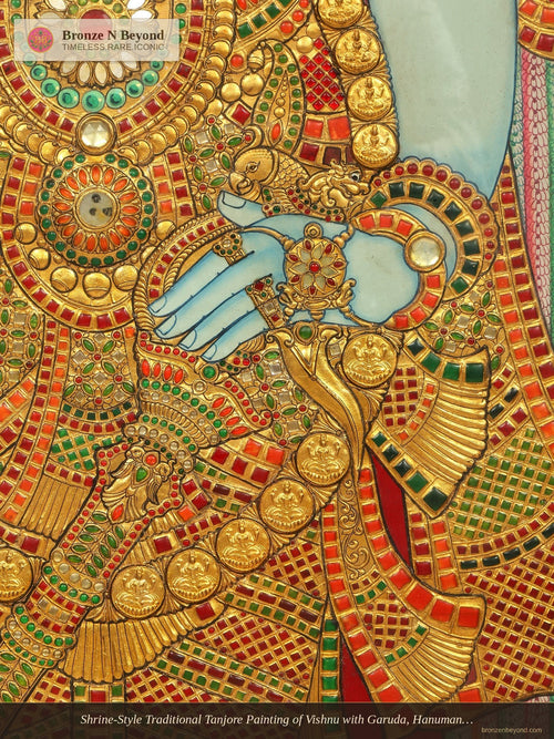 Shrine-Style Traditional Tanjore Painting of Vishnu with Garuda, Hanuman, and Vaikuntha Guardians
