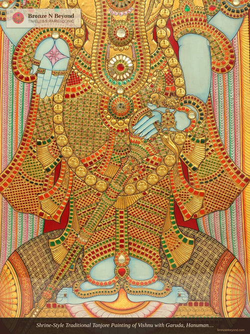 Shrine-Style Traditional Tanjore Painting of Vishnu with Garuda, Hanuman, and Vaikuntha Guardians