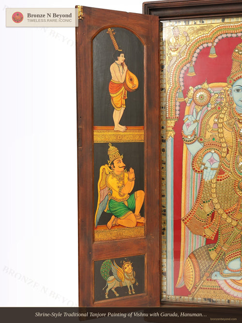 Shrine-Style Traditional Tanjore Painting of Vishnu with Garuda, Hanuman, and Vaikuntha Guardians