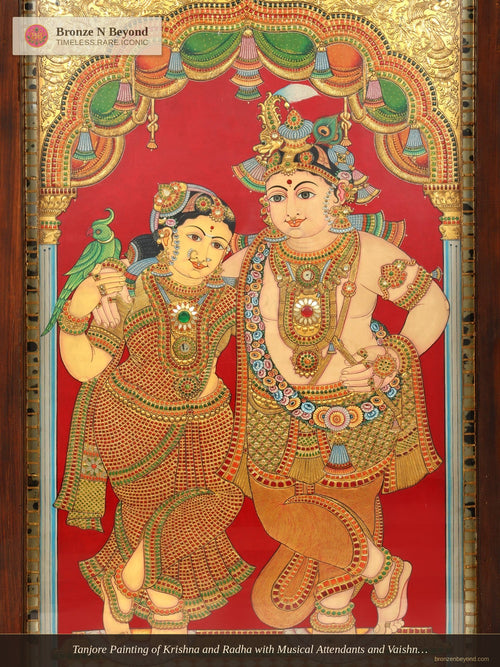 Tanjore Painting of Krishna and Radha with Musical Attendants and Vaishnava Symbols