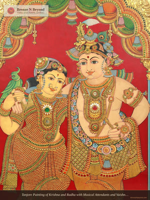 Tanjore Painting of Krishna and Radha with Musical Attendants and Vaishnava Symbols