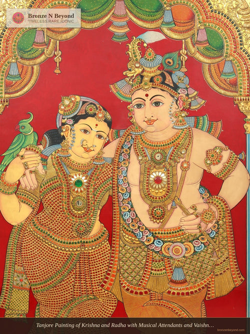 Tanjore Painting of Krishna and Radha with Musical Attendants and Vaishnava Symbols