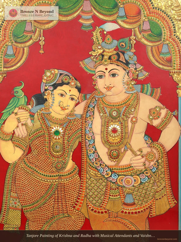Tanjore Painting of Krishna and Radha with Musical Attendants and Vaishnava Symbols