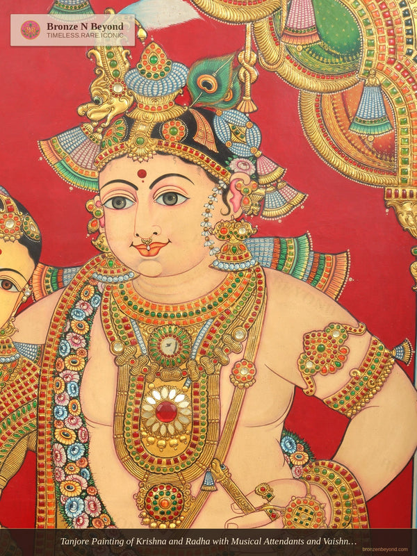 Tanjore Painting of Krishna and Radha with Musical Attendants and Vaishnava Symbols
