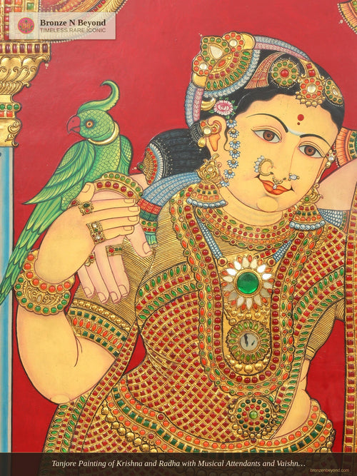 Tanjore Painting of Krishna and Radha with Musical Attendants and Vaishnava Symbols