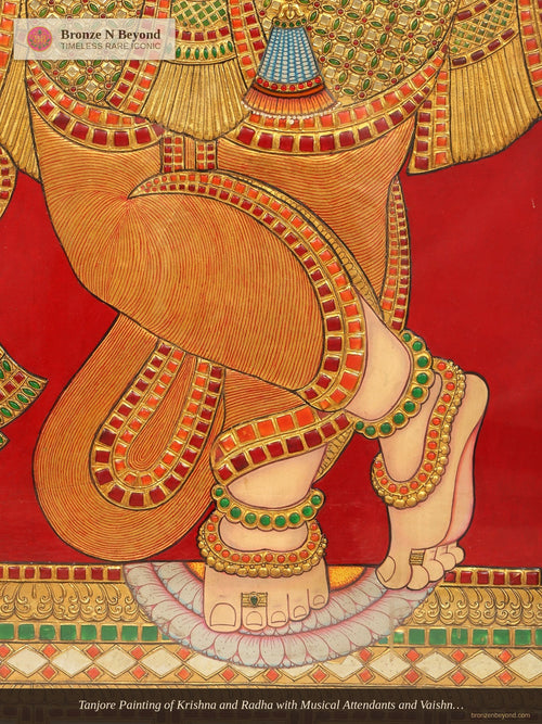 Tanjore Painting of Krishna and Radha with Musical Attendants and Vaishnava Symbols