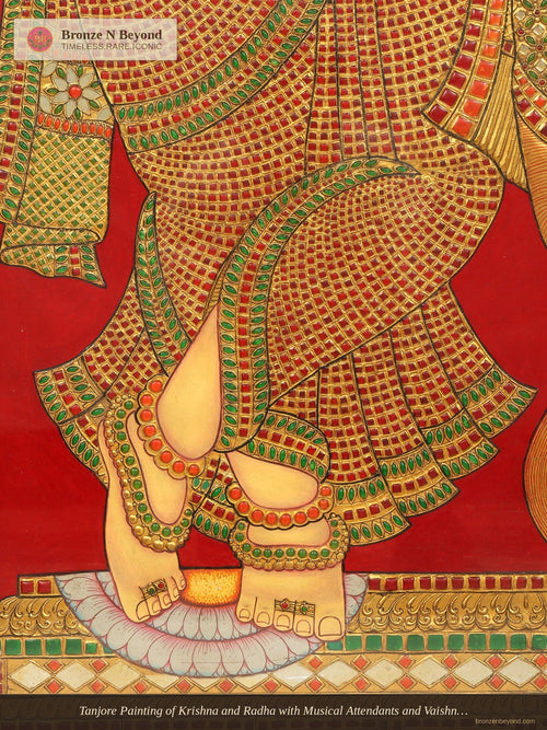 Tanjore Painting of Krishna and Radha with Musical Attendants and Vaishnava Symbols