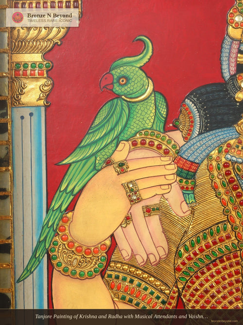 Tanjore Painting of Krishna and Radha with Musical Attendants and Vaishnava Symbols