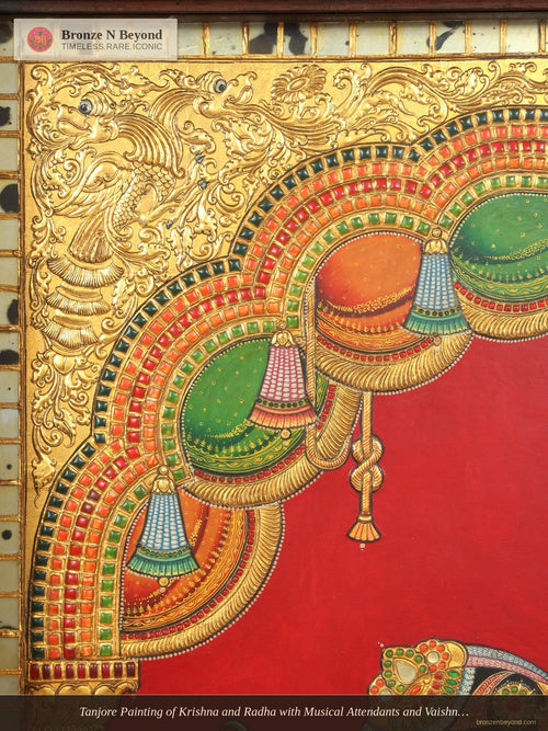 Tanjore Painting of Krishna and Radha with Musical Attendants and Vaishnava Symbols