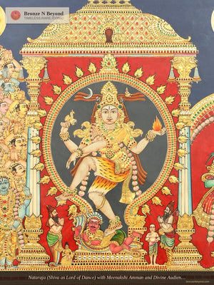 Nataraja (Shiva as Lord of Dance) with Meenakshi Amman and Divine Audience: Large Tanjore Painting