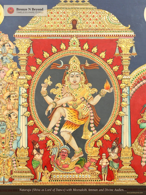 Nataraja (Shiva as Lord of Dance) with Meenakshi Amman and Divine Audience: Large Tanjore Painting