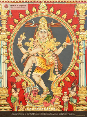 Nataraja (Shiva as Lord of Dance) with Meenakshi Amman and Divine Audience: Large Tanjore Painting