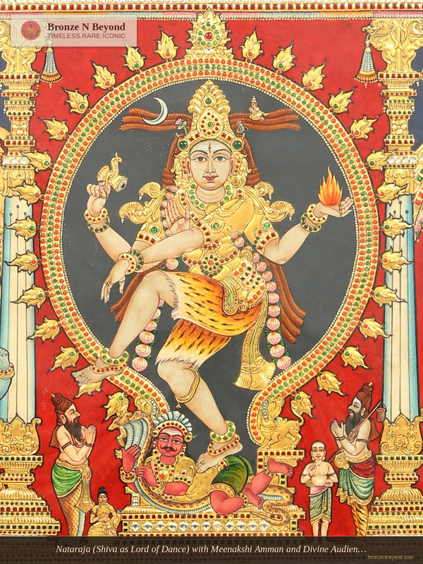 Nataraja (Shiva as Lord of Dance) with Meenakshi Amman and Divine Audience: Large Tanjore Painting