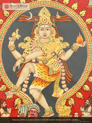 Nataraja (Shiva as Lord of Dance) with Meenakshi Amman and Divine Audience: Large Tanjore Painting