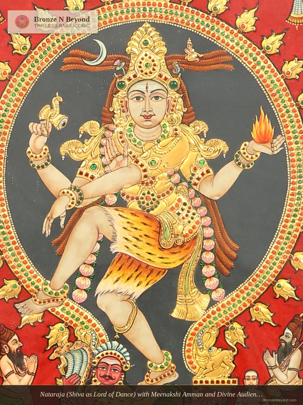 Nataraja (Shiva as Lord of Dance) with Meenakshi Amman and Divine Audience: Large Tanjore Painting
