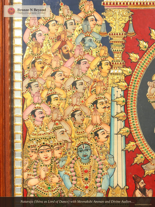 Nataraja (Shiva as Lord of Dance) with Meenakshi Amman and Divine Audience: Large Tanjore Painting