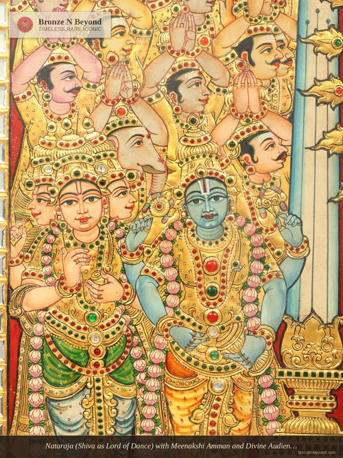 Nataraja (Shiva as Lord of Dance) with Meenakshi Amman and Divine Audience: Large Tanjore Painting