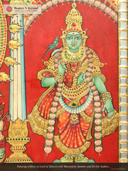 Nataraja (Shiva as Lord of Dance) with Meenakshi Amman and Divine Audience: Large Tanjore Painting