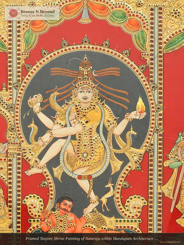 Framed Tanjore Shrine Painting of Nataraja within Mandapam Architecture - Tamil Nadu