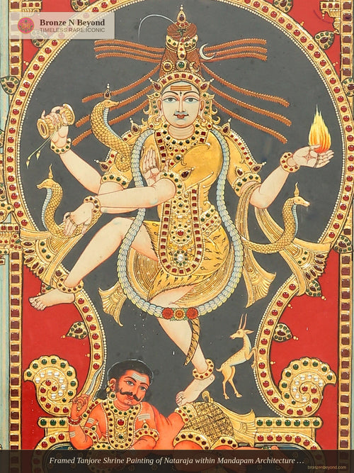 Framed Tanjore Shrine Painting of Nataraja within Mandapam Architecture - Tamil Nadu