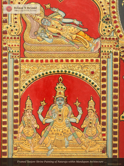 Framed Tanjore Shrine Painting of Nataraja within Mandapam Architecture - Tamil Nadu