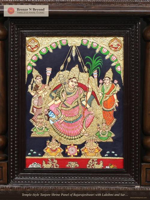 Temple-Style Tanjore Shrine Panel of Rajarajeshwari with Lakshmi and Saraswati