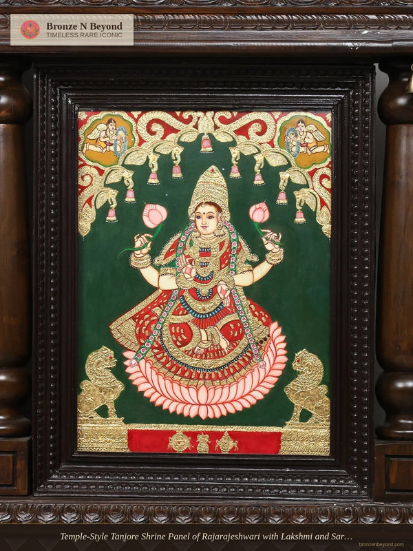 Temple-Style Tanjore Shrine Panel of Rajarajeshwari with Lakshmi and Saraswati