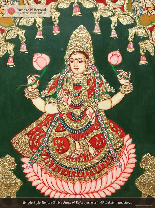 Temple-Style Tanjore Shrine Panel of Rajarajeshwari with Lakshmi and Saraswati
