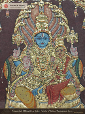 Antique-Style 24 Karat Gold Tanjore Painting of Lakshmi-Narayana on Shesha Throne with Ornate Arch