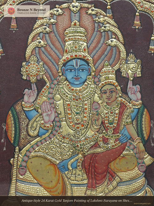 Antique-Style 24 Karat Gold Tanjore Painting of Lakshmi-Narayana on Shesha Throne with Ornate Arch
