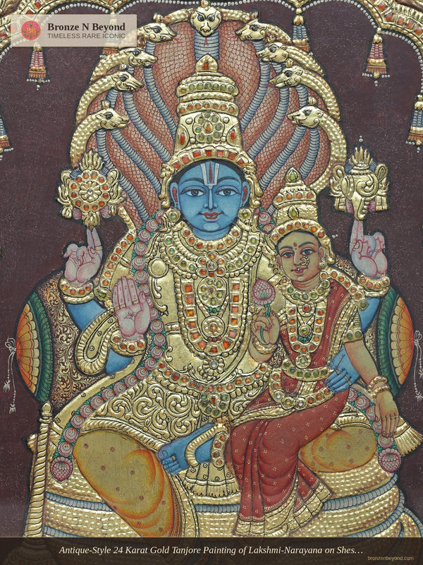 Antique-Style 24 Karat Gold Tanjore Painting of Lakshmi-Narayana on Shesha Throne with Ornate Arch