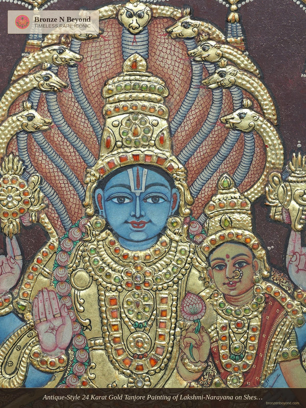 Antique-Style 24 Karat Gold Tanjore Painting of Lakshmi-Narayana on Shesha Throne with Ornate Arch
