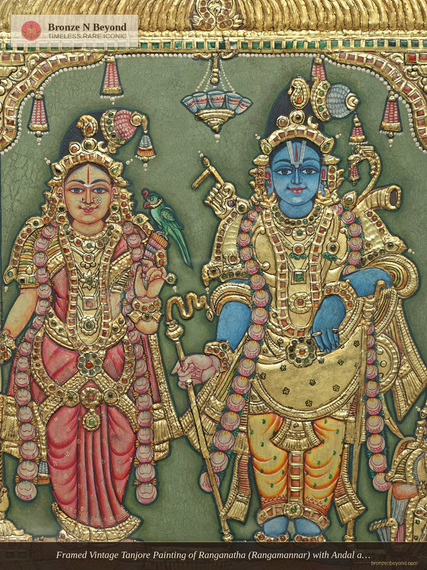 Framed Vintage Tanjore Painting of Ranganatha (Rangamannar) with Andal and Garuda