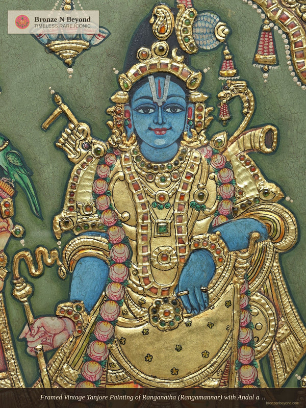 Framed Vintage Tanjore Painting of Ranganatha (Rangamannar) with Andal and Garuda