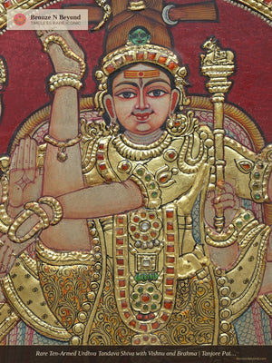 Rare Ten-Armed Urdhva Tandava Shiva with Vishnu and Brahma | Tanjore Painting in Traditional Colors with 24K Gold Work