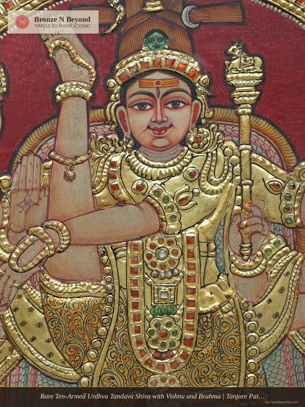 Rare Ten-Armed Urdhva Tandava Shiva with Vishnu and Brahma | Tanjore Painting in Traditional Colors with 24K Gold Work
