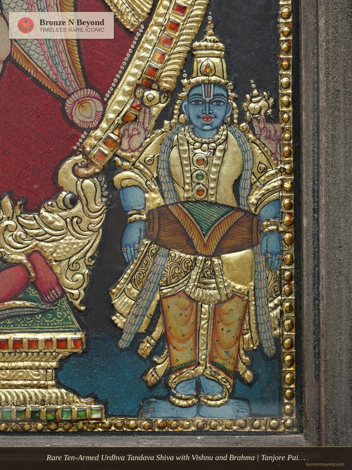 Rare Ten-Armed Urdhva Tandava Shiva with Vishnu and Brahma | Tanjore Painting in Traditional Colors with 24K Gold Work