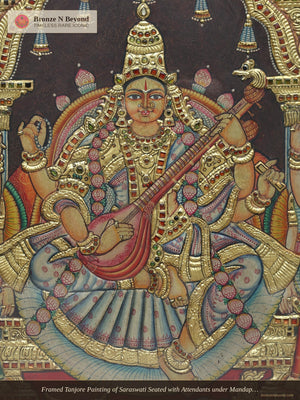 Framed Tanjore Painting of Saraswati Seated with Attendants under Mandapam Arch