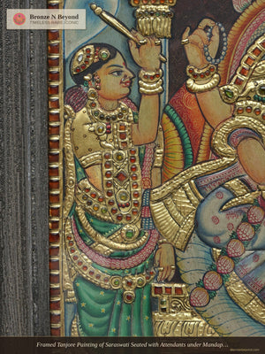 Framed Tanjore Painting of Saraswati Seated with Attendants under Mandapam Arch