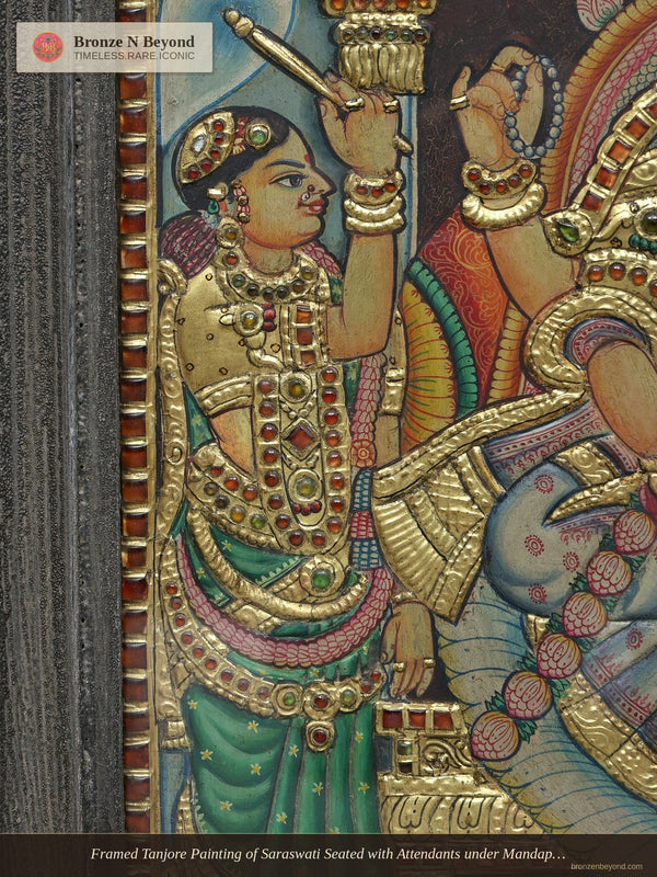 Framed Tanjore Painting of Saraswati Seated with Attendants under Mandapam Arch