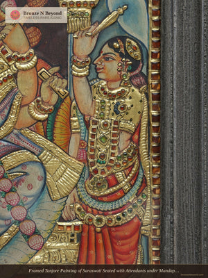 Framed Tanjore Painting of Saraswati Seated with Attendants under Mandapam Arch