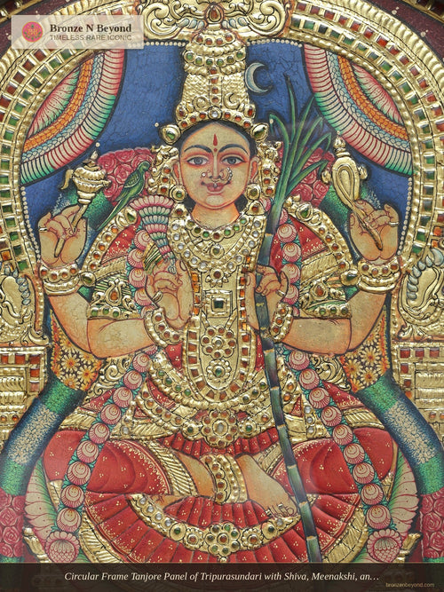 Circular Frame Tanjore Panel of Tripurasundari with Shiva, Meenakshi, and Sri Yantra - Tamil Nadu
