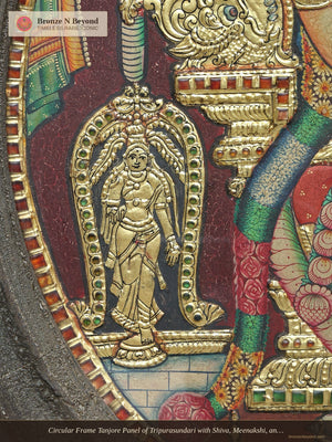 Circular Frame Tanjore Panel of Tripurasundari with Shiva, Meenakshi, and Sri Yantra - Tamil Nadu