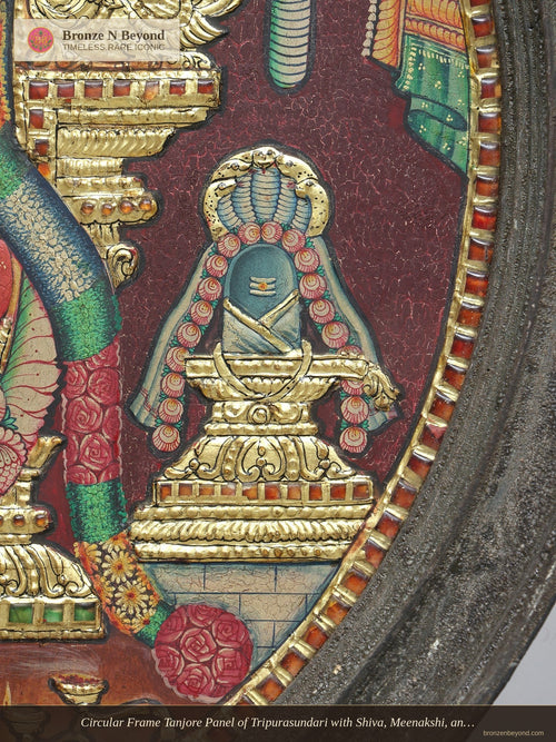 Circular Frame Tanjore Panel of Tripurasundari with Shiva, Meenakshi, and Sri Yantra - Tamil Nadu