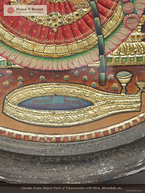 Circular Frame Tanjore Panel of Tripurasundari with Shiva, Meenakshi, and Sri Yantra - Tamil Nadu