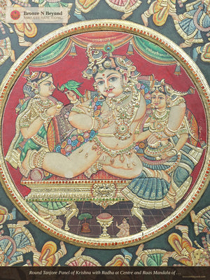 Round Tanjore Panel of Krishna with Radha at Centre and Raas Mandala of Gopis