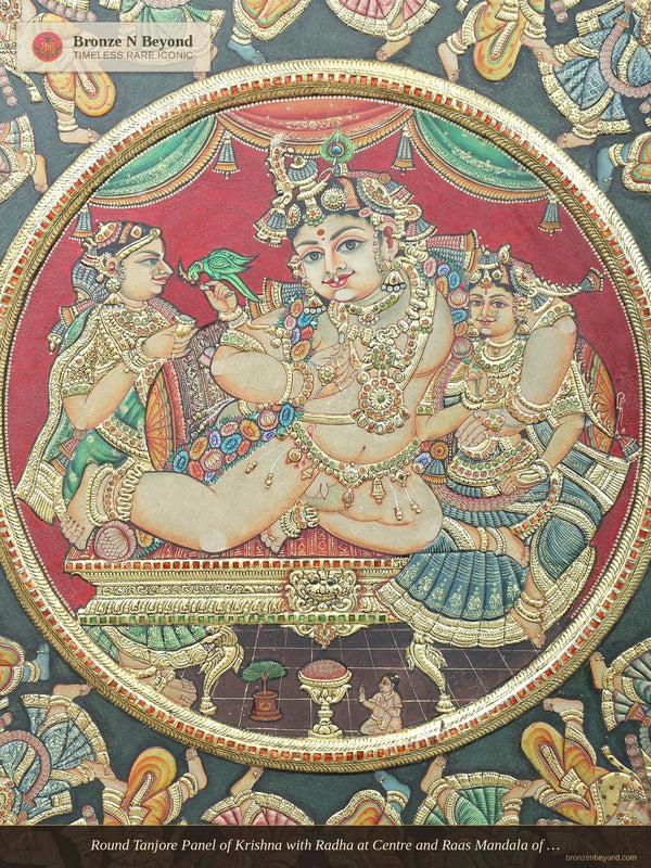 Round Tanjore Panel of Krishna with Radha at Centre and Raas Mandala of Gopis