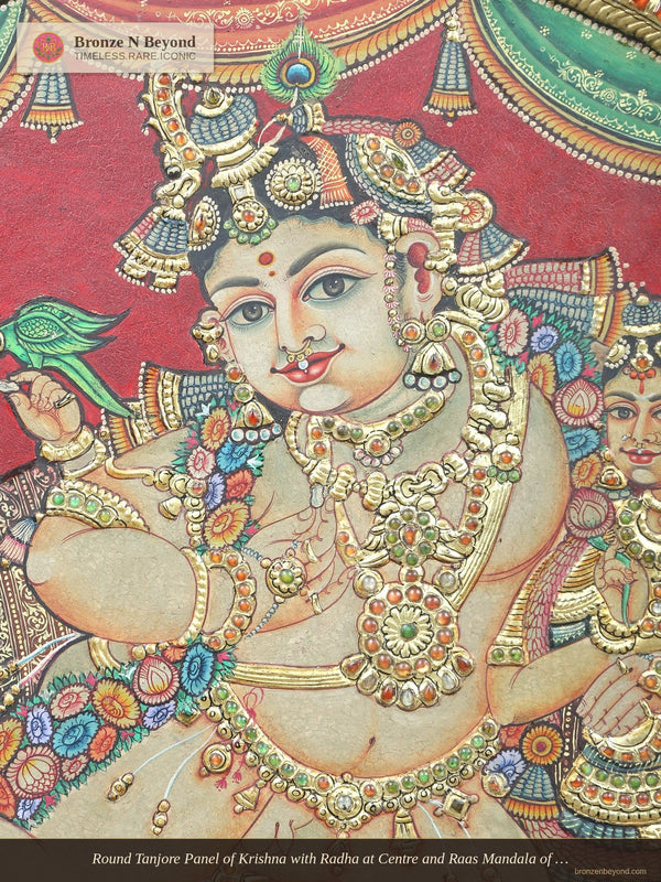 Round Tanjore Panel of Krishna with Radha at Centre and Raas Mandala of Gopis